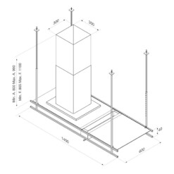 Máy Hút Mùi Đảo Malloca INDUST K140B, 1m4, Đẳng Cấp, Sang Trọng 11 Kích thước kỹ thuật lắp đặt của Malloca INDUST K140B với chiều rộng lên tới 1m4 bao gồm giàn treo ly và kệ gia vị ngay trên máy hút mùi