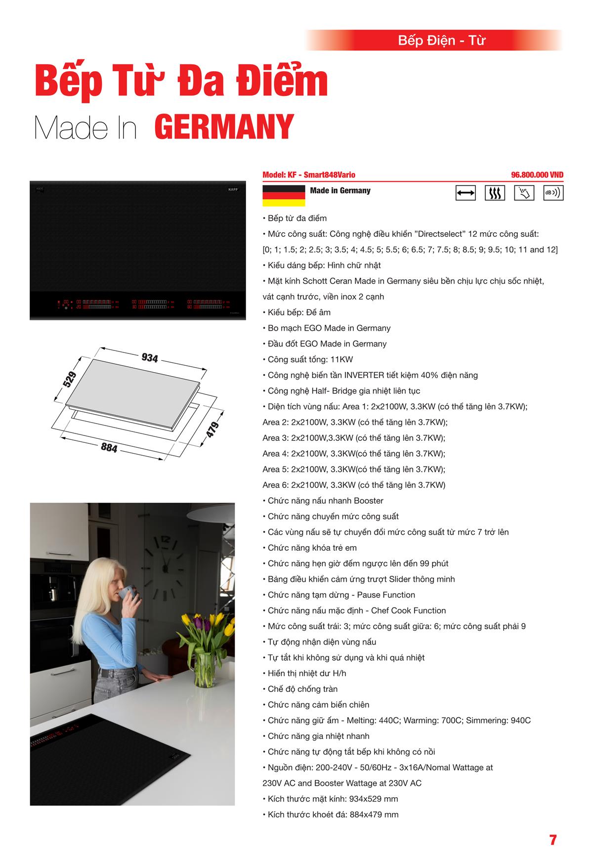 Bếp Từ Đức Kaff KF-Smart 848 Vario, Đa Điểm, 93cm, Mặt Kính Schott 18 Thông số Bếp Từ Đức Kaff KF-Smart 848 Vario, Đa Điểm, 93cm