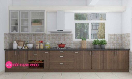 Kệ tủ bếp chữ I melamine tối giản M21-006 vân gỗ cửa kính