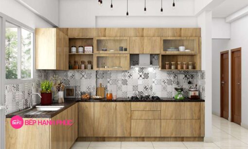 Kệ tủ bếp chữ L melamine vân gỗ M21-007 tối ưu không gian