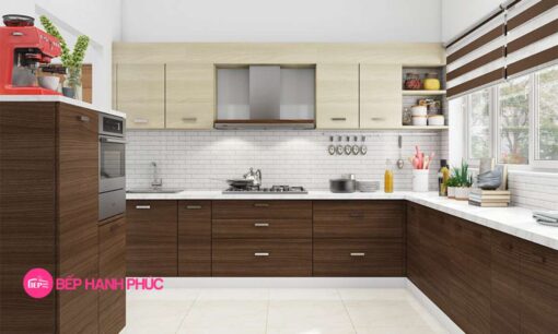 Kệ tủ bếp chữ L melamine tối giản M21-003 vân gỗ tương phản