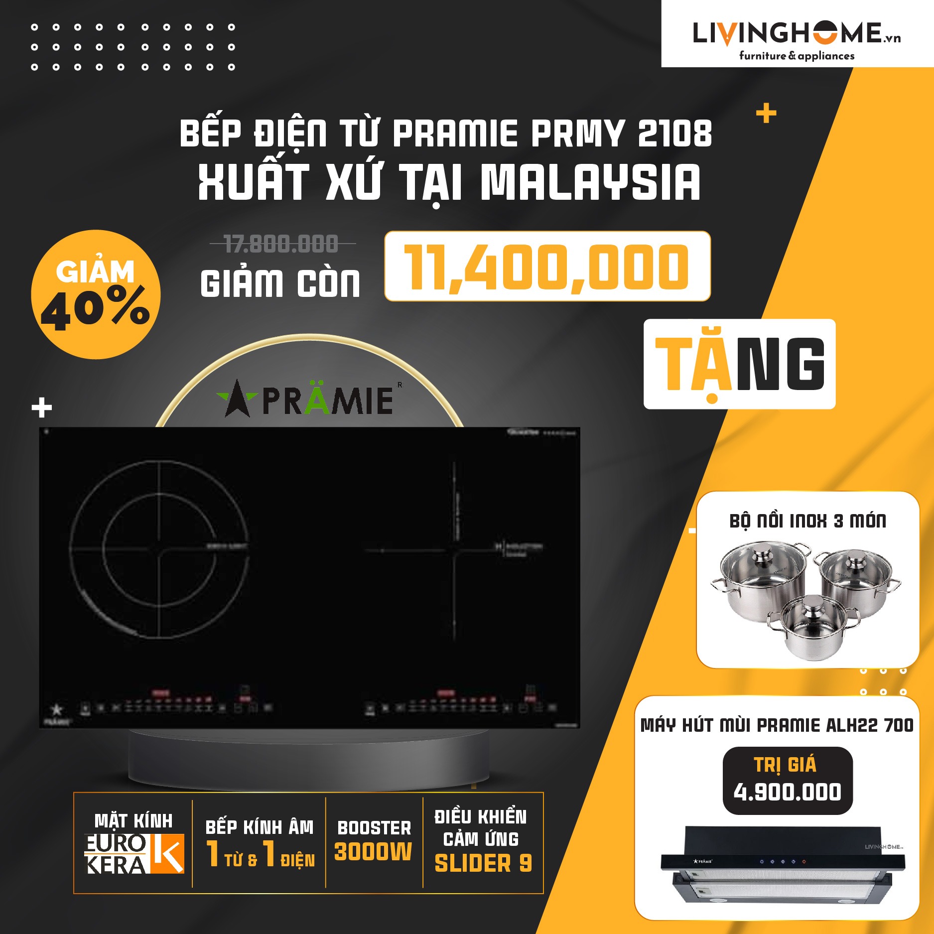 Combo Bếp Điện Từ Pramie PRMY 2108 Và Máy Hút Mùi Pramie ALH22 700 3 Combo Bếp Điện Từ Pramie PRMY 2108 Và Máy Hút Mùi Pramie ALH22 700