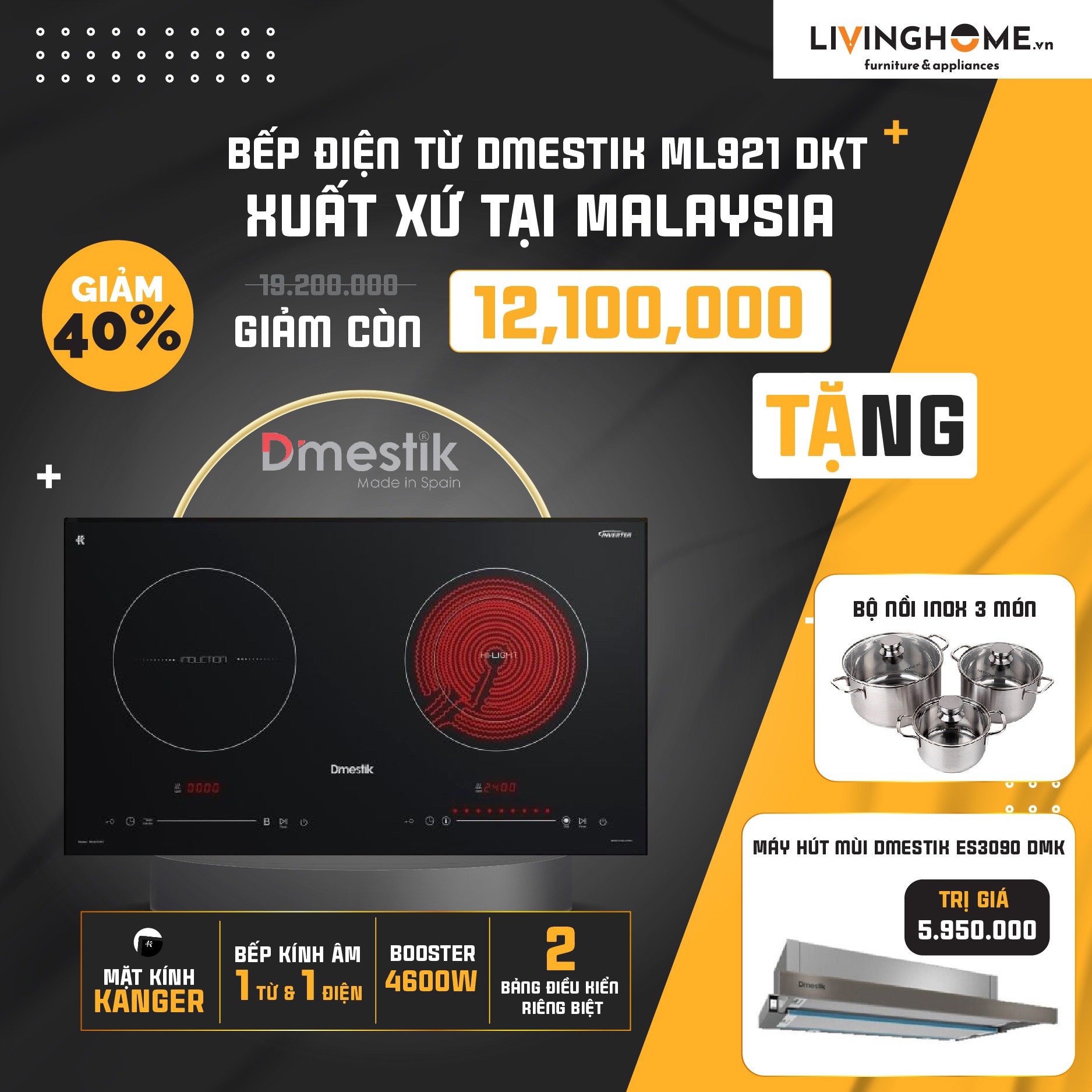 Combo Bếp Điện Từ Dmestik ML921 DKT Và Máy Hút Mùi Dmestik ES3090 DMK 3 Combo Bếp Điện Từ Dmestik ML921 DKT Và Máy Hút Mùi Dmestik ES3090 DMK