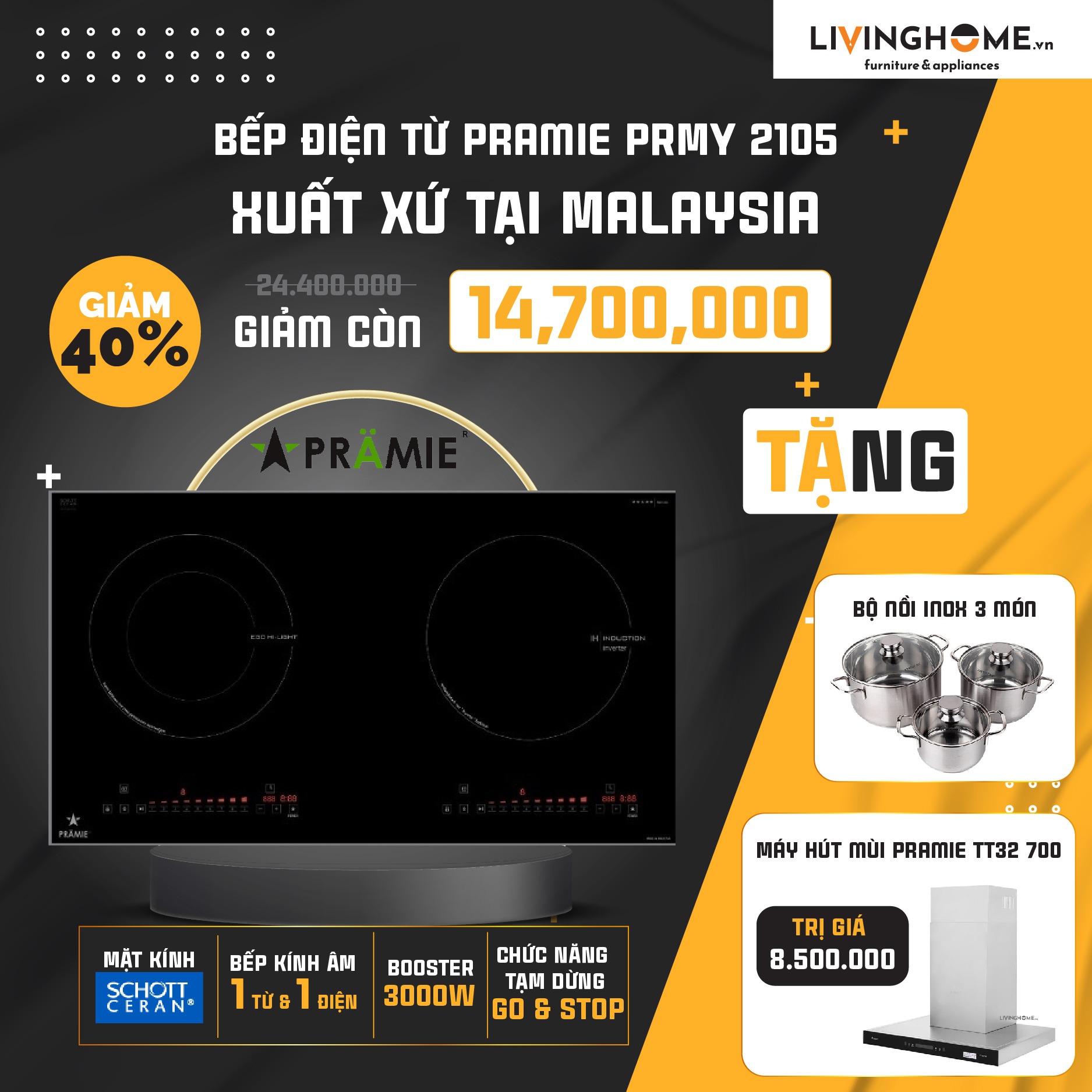 Combo Bếp Điện Từ Pramie PRMY 2105 Và Máy Hút Mùi Pramie TT32 700 3 Combo Bếp Điện Từ Pramie PRMY 2105 Và Máy Hút Mùi Pramie TT32 700