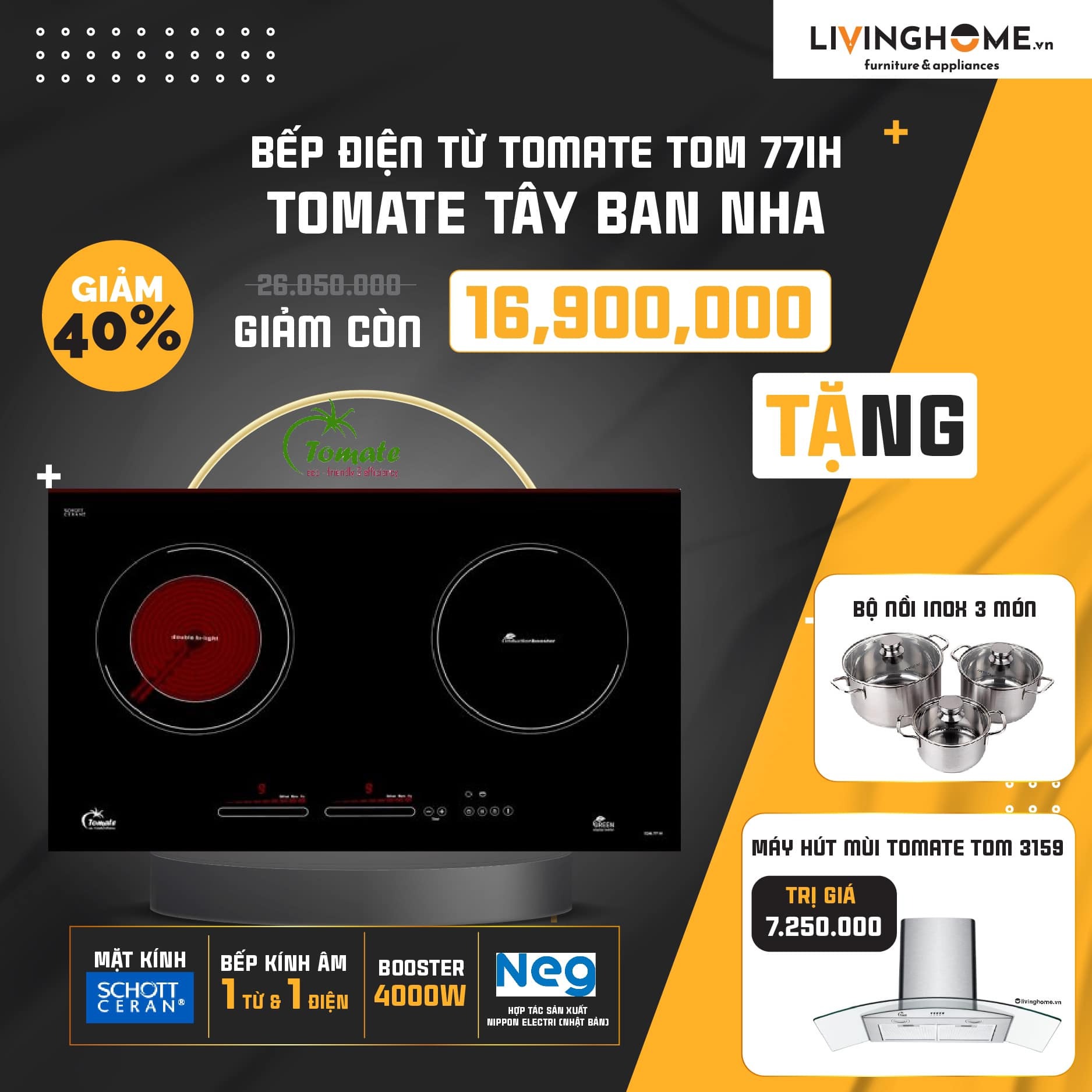 Combo Bếp Điện Từ Tomate TOM 77IH Và Máy Hút Mùi Tomate Tom 3159 3 Combo Bếp Điện Từ Tomate TOM 77IH Và Máy Hút Mùi Tomate Tom 3159
