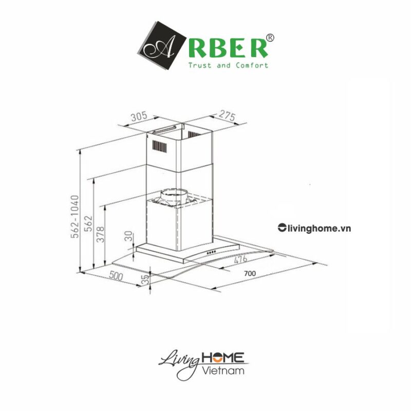 Máy hút mùi Arber AB700Q Inox không gỉ 70cm 6 Máy hút mùi Arber AB700Q Inox không gỉ 70cm