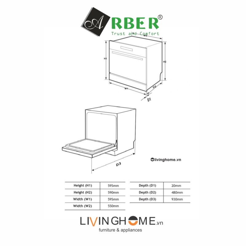 Máy rửa chén Arber ABMRB08GD dung tích 8 bộ bát dĩa