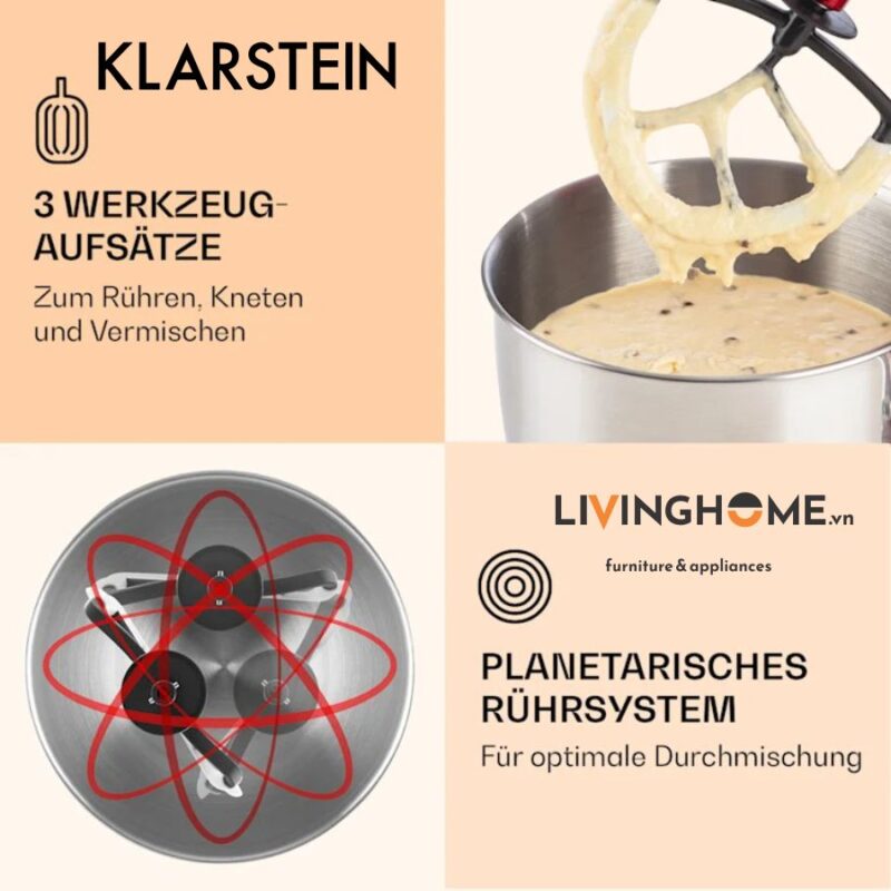 Máy trộn bột Klarstein KL-LUCIA ROSSA kết hợp 3 trong 1 trộn - xay - nhào 15 Máy trộn bột Klarstein KL-LUCIA ROSSA